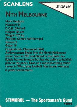 1988 Scanlens VFL #33 Mark Hepburn Back